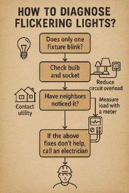 “Realistic flowchart showing: Check bulb and socket; reduce circuit overload; have neighbors noticed? → if yes, contact utility and measure load with meter; if fixes don’t help, call an electrician.”