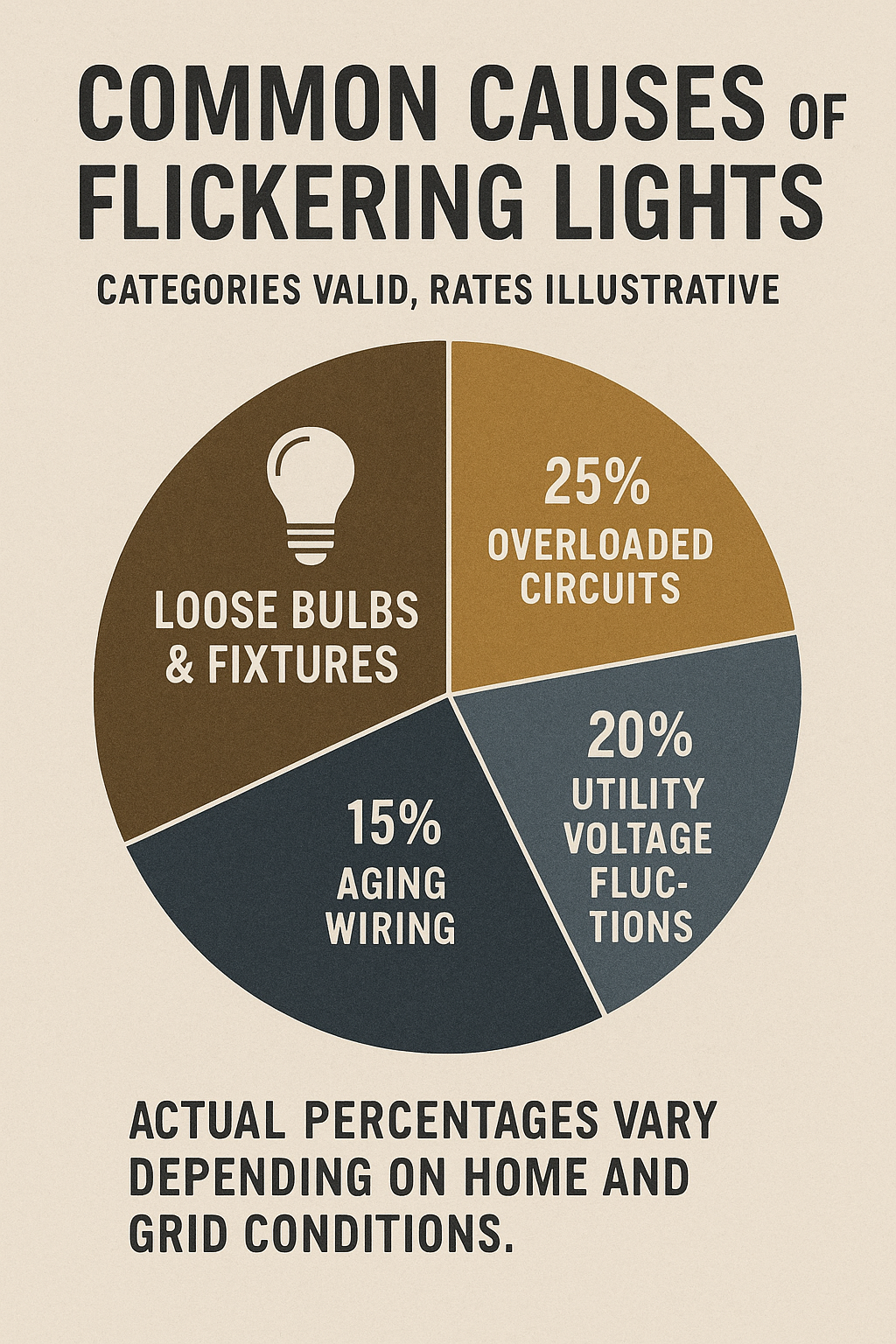 “Realistic pie chart showing categories for flickering lights—loose bulbs & fixtures, overloaded circuits, utility voltage fluctuations, aging wiring—with a disclaimer that actual percentages vary by home and grid conditions.”