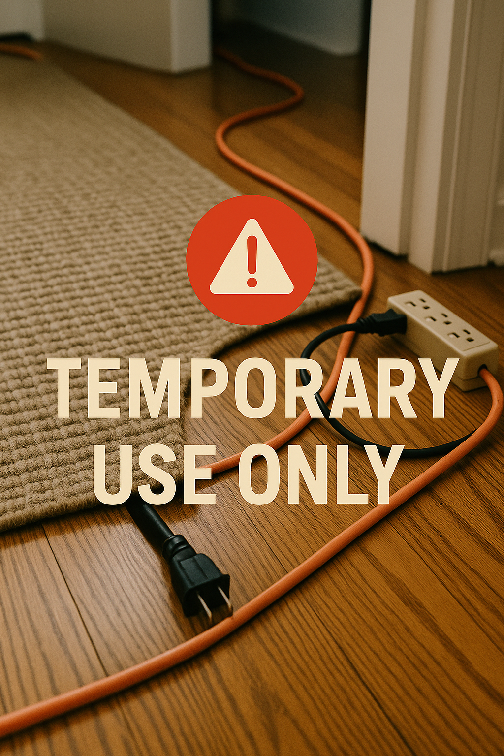 Improper extension cord use hazard Long orange extension cord and power strip stretched across a hardwood floor with a “Temporary Use Only” warning icon.