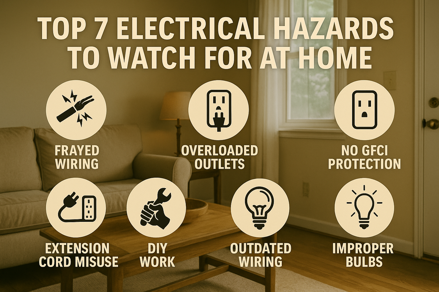 Living room with electrical hazard icons and title overlay.
