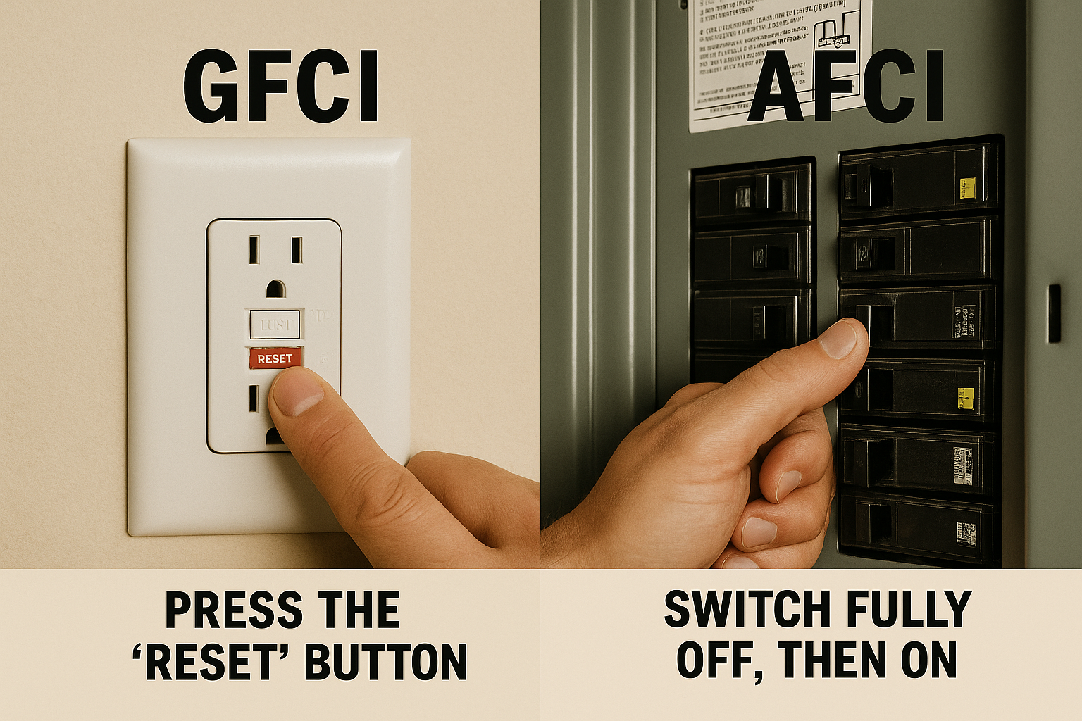 “Side-by-side images showing a finger pressing the ‘Reset’ button on a GFCI outlet and fingers toggling an AFCI breaker fully off then on.”
