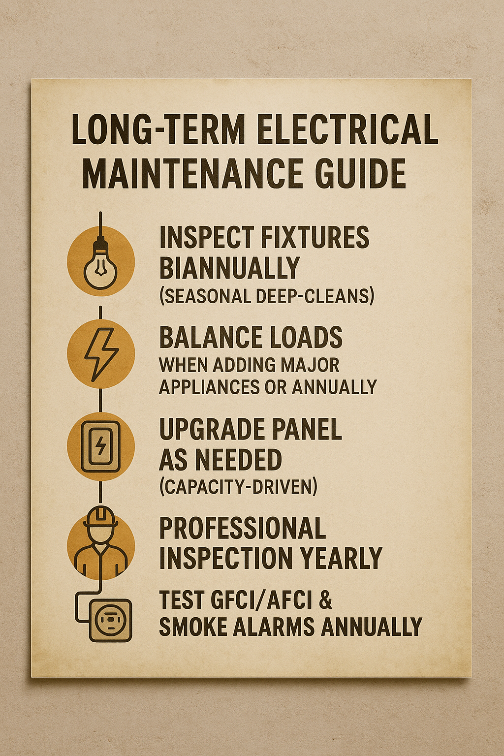 “Poster on textured wall listing electrical maintenance: Inspect fixtures biannually (seasonal deep-cleans), balance loads when adding major appliances or annually, upgrade panel as needed (capacity-driven), professional inspection yearly, and test GFCI/AFCI & smoke alarms annually.”