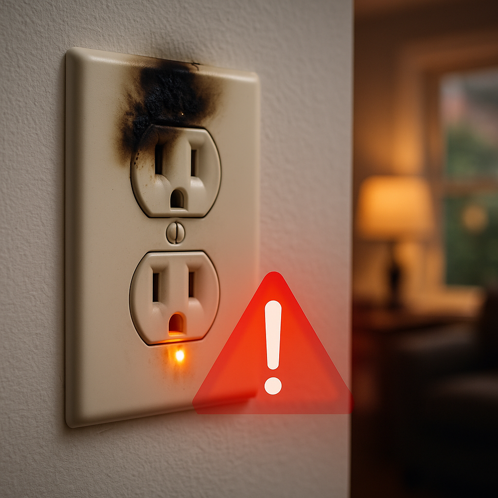 Photorealistic close-up of a home electrical outlet with visible scorch marks on the top receptacle and a faint glowing lower receptacle, overlaid with a translucent red warning triangle, with a softly lit living room in the background.