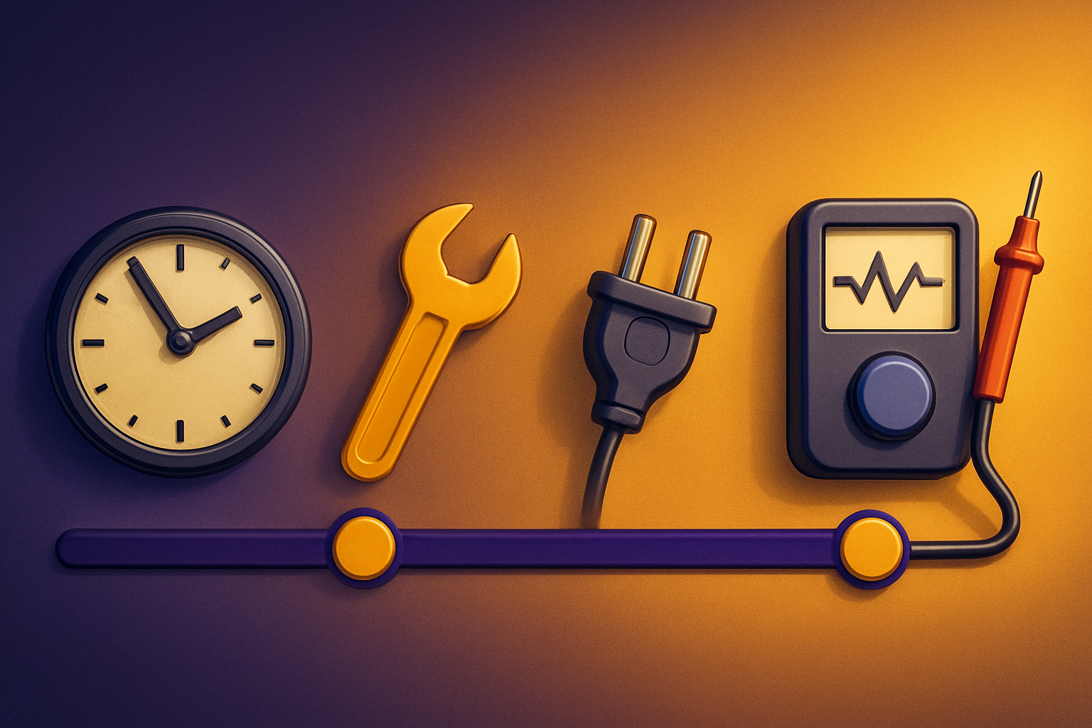 Electrical maintenance timeline with essential tools and testing equipment. Clock, wrench, electrical plug, and multimeter arranged on a maintenance timeline in purple and gold tones.