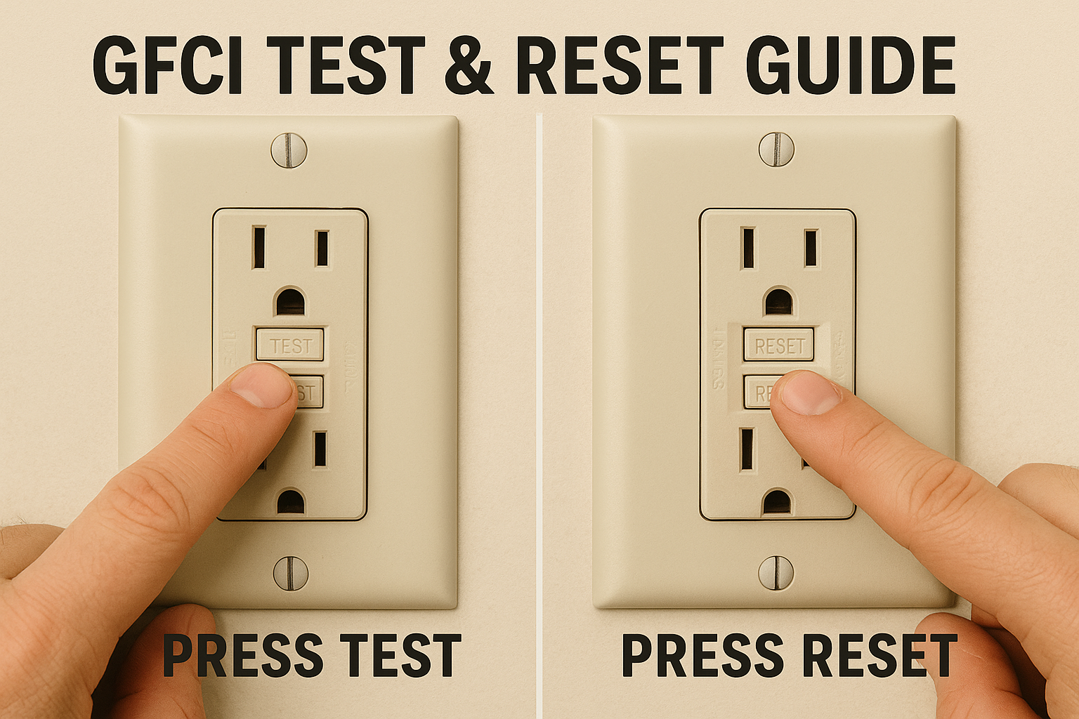 GFCI Test & Reset Guide Side-by-side GFCI outlet showing a finger pressing the TEST button on the left and the RESET button on the right.