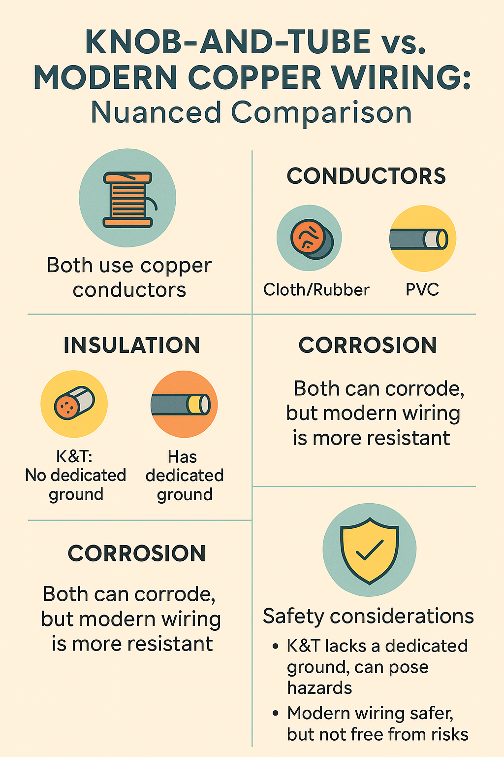 Infographic comparing knob-and-tube and modern copper wiring across conductors, insulation, grounding, corrosion resistance, and safety considerations. Infographic titled “Knob-and-Tube vs. Modern Copper Wiring: Nuanced Comparison” divided into quadrants outlining: both use copper conductors; insulation—K&T cloth/rubber vs modern PVC; grounding—K&T no dedicated ground vs modern has; corrosion—both can corrode but modern more resistant; safety considerations—K&T lacks ground but can be serviceable when well-maintained, modern wiring safer yet still subject to failure modes.