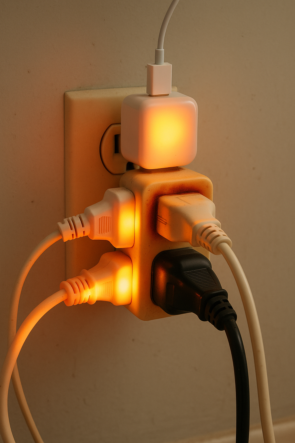 Overloaded outlets and power strips danger Overloaded wall outlet with multiple plugs and a power strip showing glowing connections due to excessive load.
