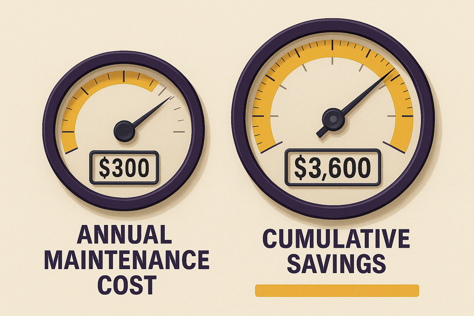 Comparison of yearly electrical maintenance cost and total long-term savings. Infographic showing $300 annual maintenance cost versus $3,600 cumulative savings using gauge-style meters.