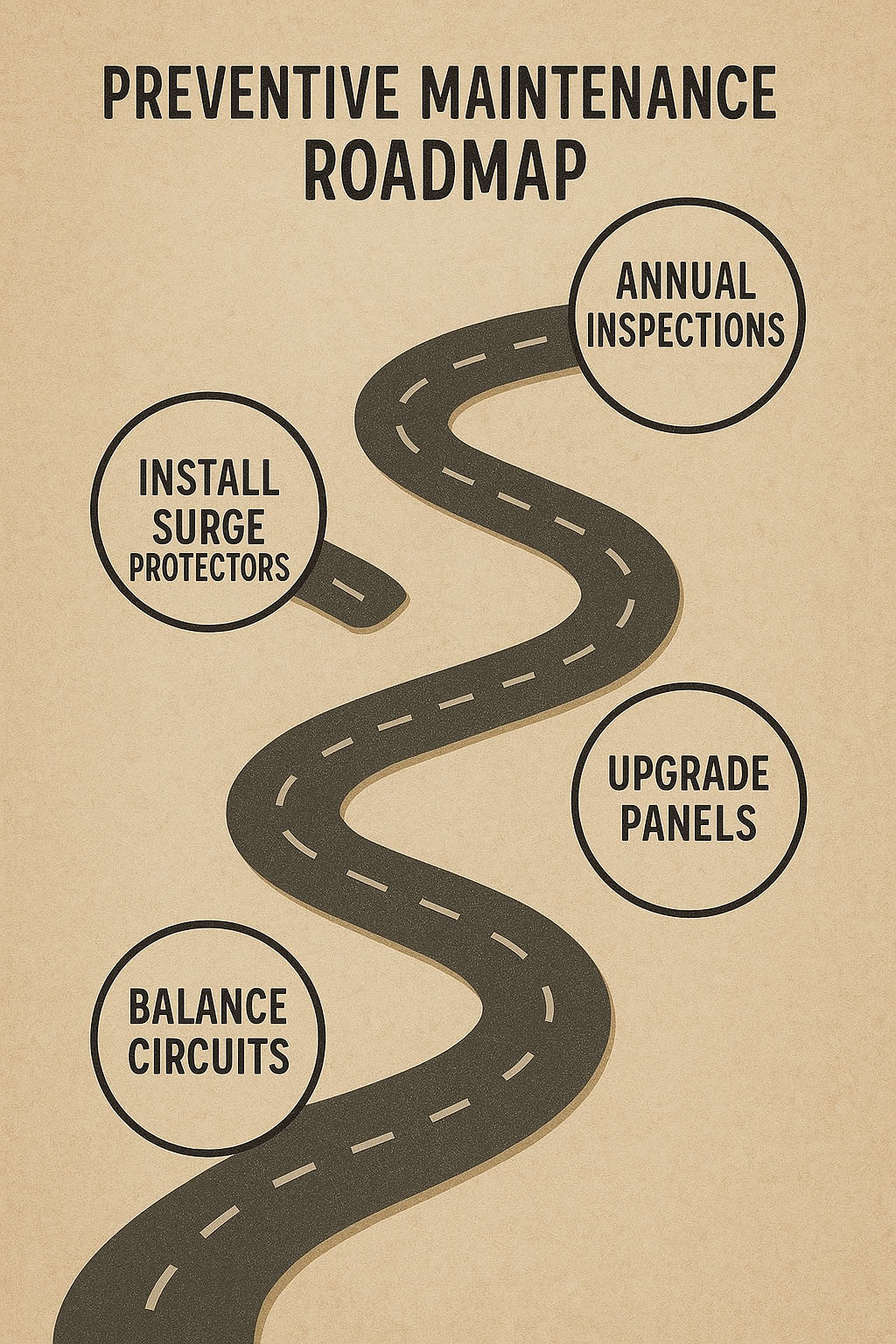 Preventive maintenance roadmap showing key steps: balance circuits, install surge protectors, upgrade panels, and schedule annual inspections. Alt Text: “Roadmap-style infographic showing a winding path with milestones: Balance circuits, install surge protectors, upgrade panels, and annual inspections.”