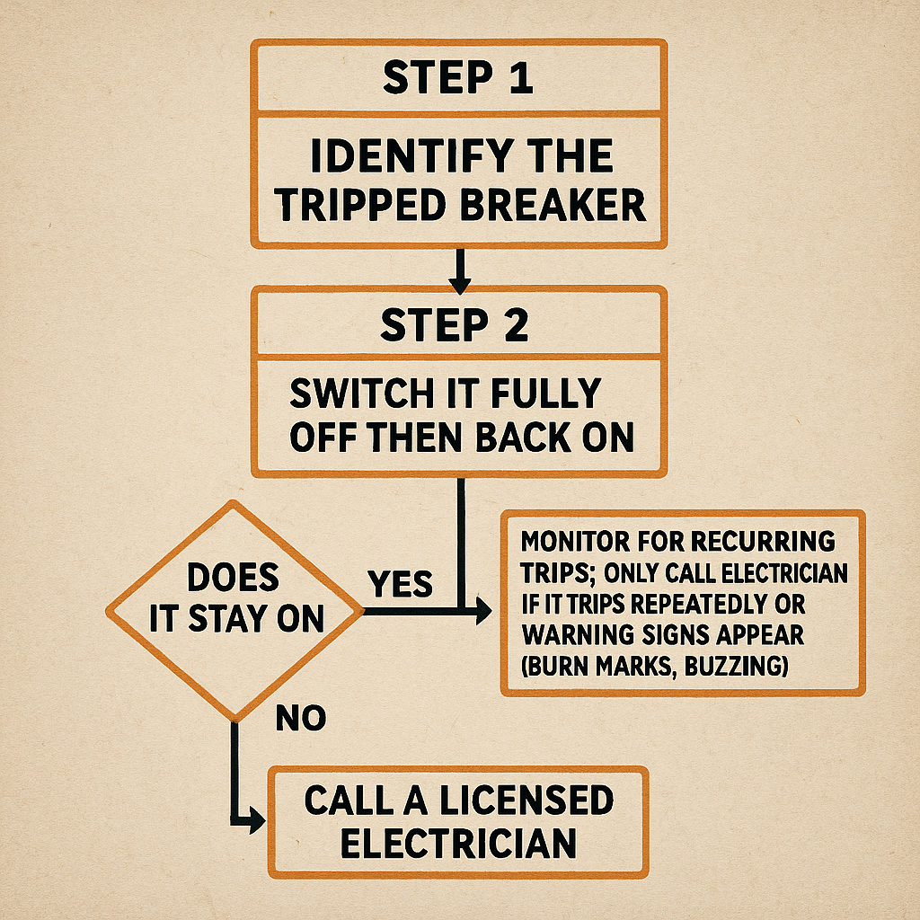 Flowchart outlining how to reset a tripped breaker: identify the breaker, switch it off and on, then monitor or call an electrician if it won’t stay on. Alt Text: “Flowchart on beige textured background showing: Step 1 Identify the tripped breaker; Step 2 Switch fully off then back on; Decision ‘Does it stay on?’ with arrows for ‘Yes: Monitor for recurring trips or warning signs’ and ‘No: Call a licensed electrician.’”