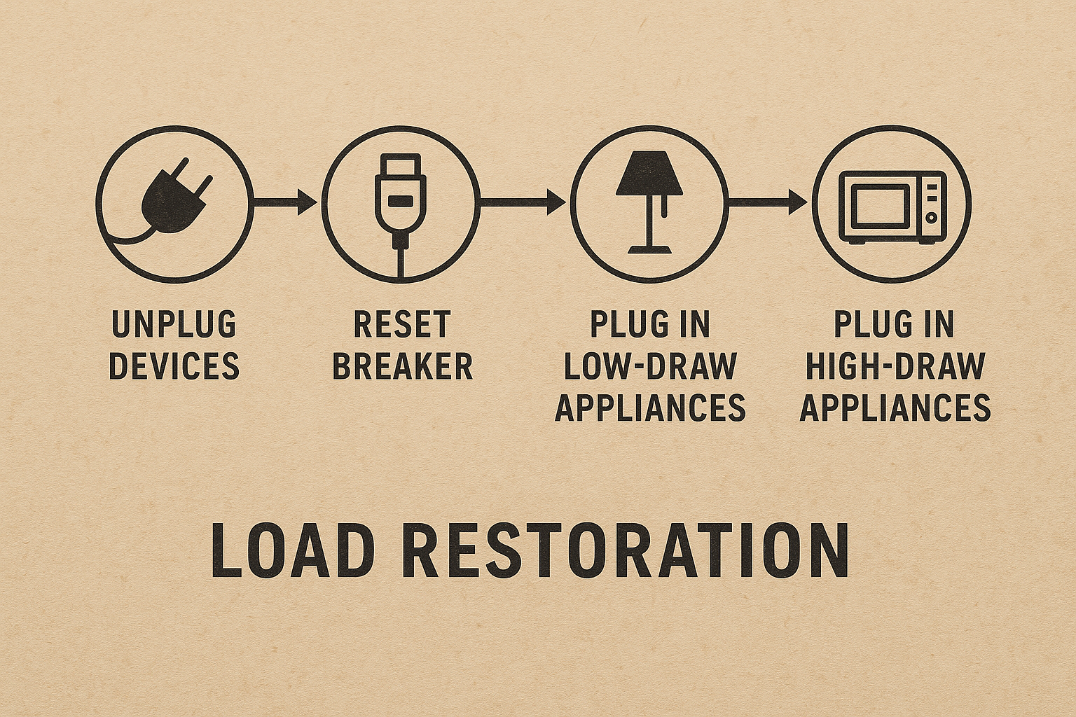 Load restoration steps: unplug devices, reset the breaker, then reconnect low-draw followed by high-draw appliances. Alt Text: “Horizontal infographic showing icons and steps for load restoration: unplug devices, reset breaker, plug in low-draw appliances, plug in high-draw appliances.”