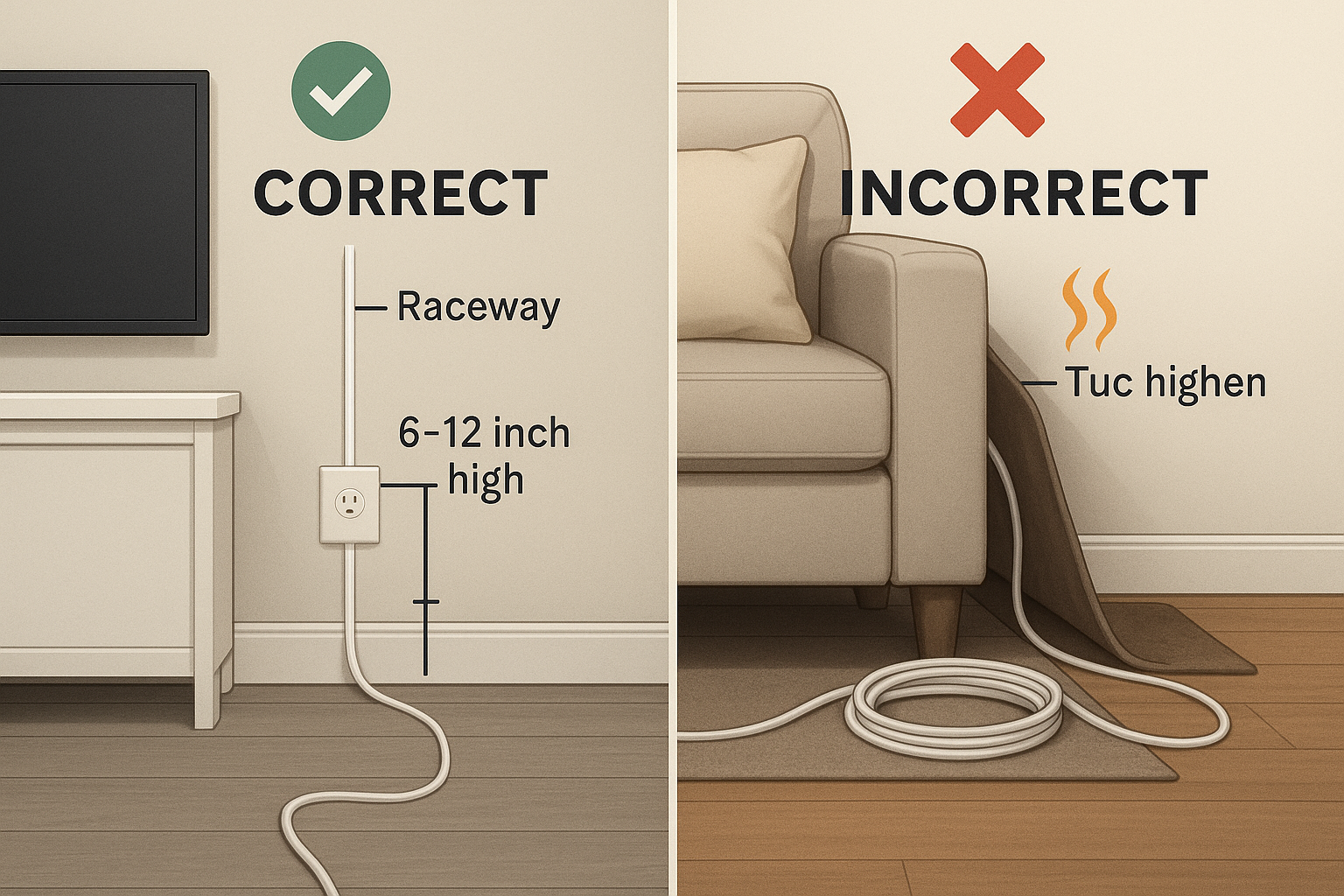 Correct vs. incorrect methods for managing electrical cords safely. Side-by-side comparison of correct and incorrect cord management, showing a raceway installation versus cords coiled under a rug.
