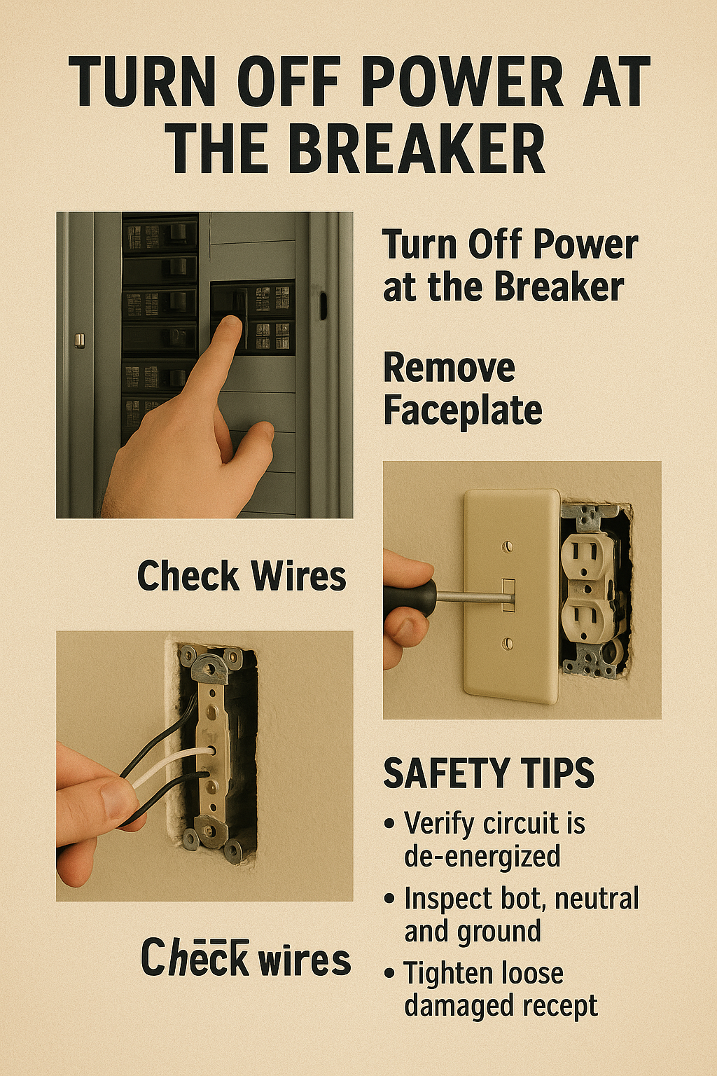 “Infographic on textured beige background with photos showing breaker reset, faceplate removal, wire check, and safety tips like verifying de-energization, inspecting hot/neutral/ground, and tightening connections.”