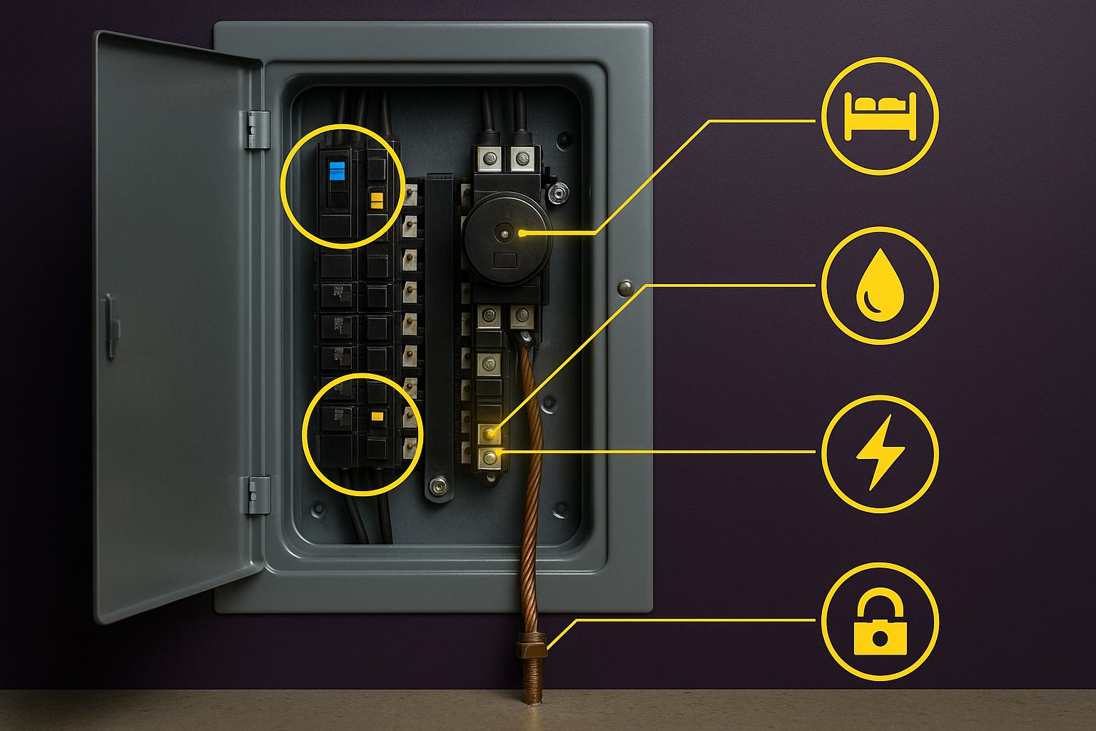 Breaker panel showing AFCI, GFCI, surge protection, and grounding safety points. Caption: Electrical panel with highlighted AFCI, GFCI, surge protection, and grounding safety features.