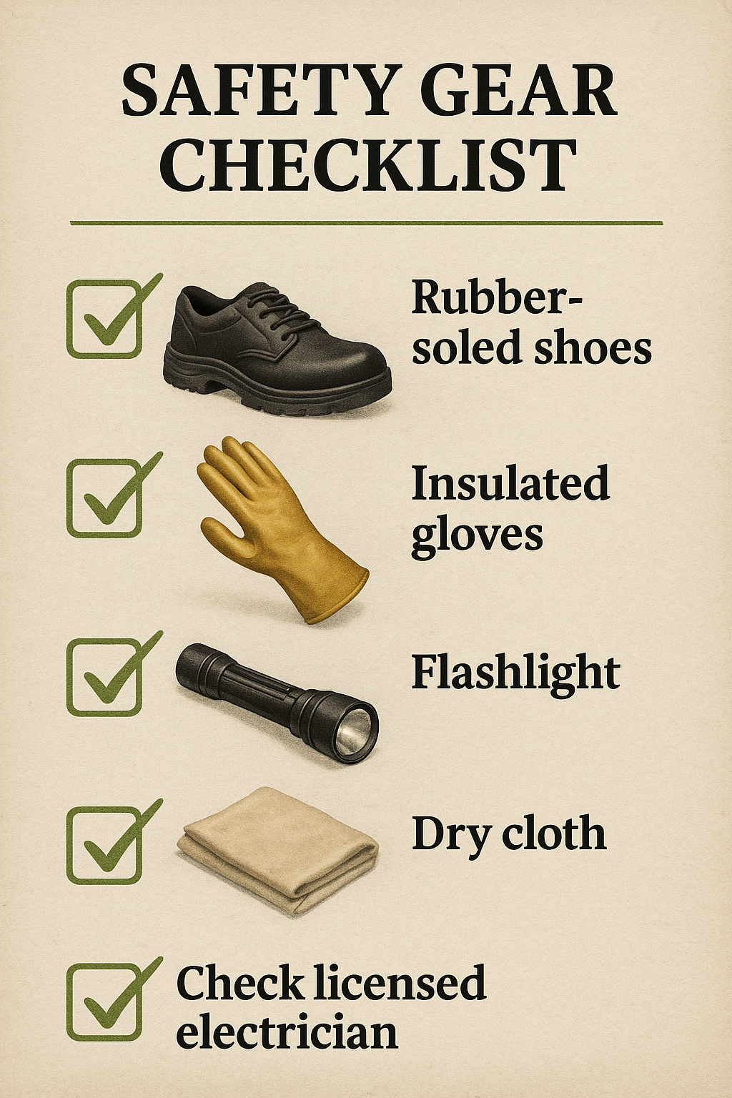 “A checklist of essential safety gear for electrical work: rubber-soled shoes, insulated gloves, flashlight, dry cloth, and a licensed electrician.” Alt Text: “Checklist infographic showing rubber-soled shoes, insulated gloves, flashlight, dry cloth, and checking licensed electrician.”