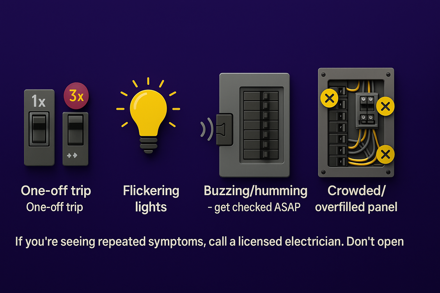 Signs your electrical panel may be overloaded. Illustration showing signs of an overloaded electrical panel including breaker trips, flickering lights, buzzing or humming sounds, and a crowded breaker box.