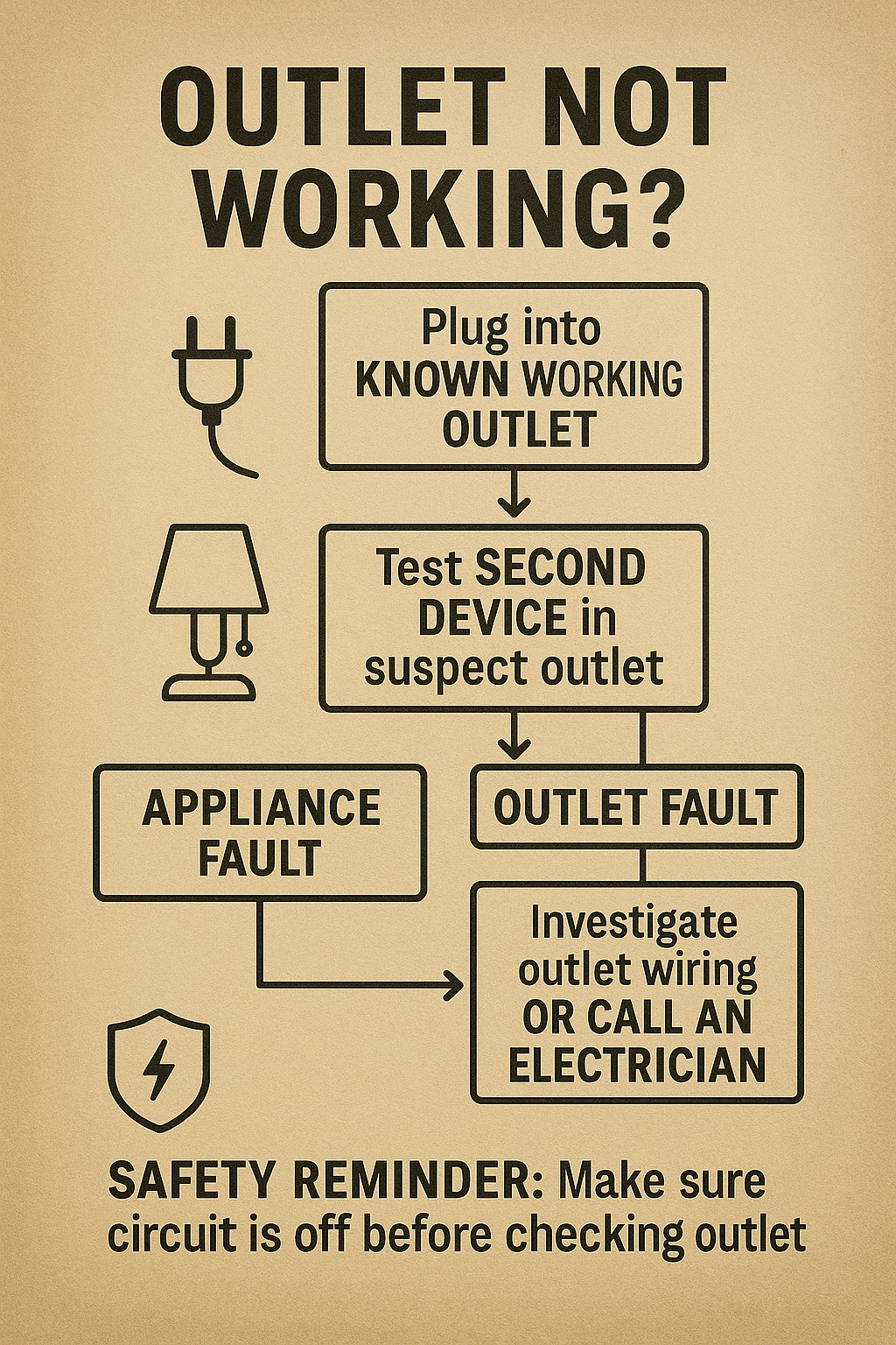 Flowchart on textured beige paper showing plug into known working outlet, test a second device in the suspect outlet, determine appliance fault or outlet fault, and safety reminder to turn off the circuit before inspecting wiring.