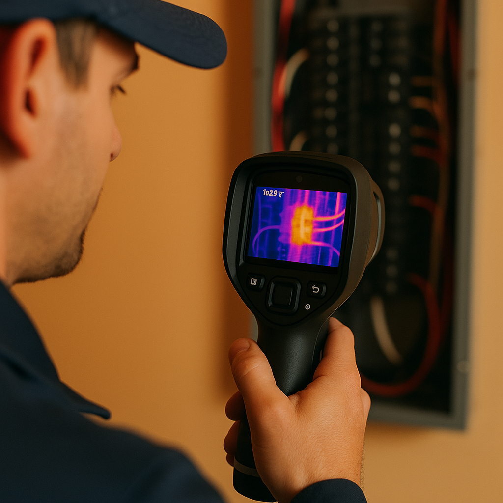 Electrician using a thermal imaging camera to inspect a home electrical panel.