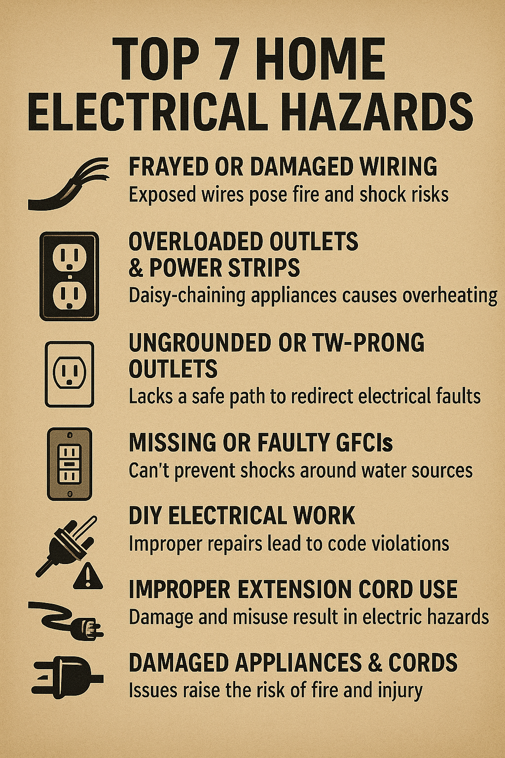 Top 7 Home Electrical Hazards Infographic Infographic showing the top 7 home electrical hazards: frayed wiring, overloaded outlets & power strips, ungrounded outlets, missing GFCIs, DIY electrical work, improper extension cord use, and damaged appliances & cords.
