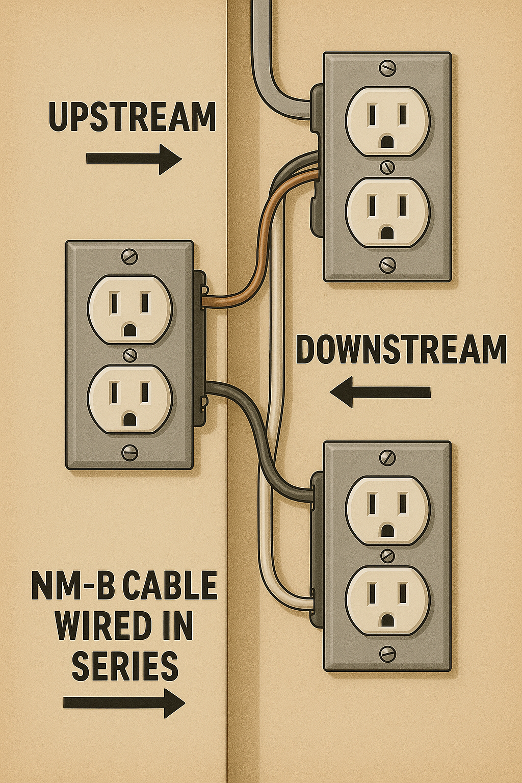 “Diagram showing three outlets on a wall connected by NM-B cable, with arrows labeled ‘Upstream’ and ‘Downstream’ indicating the order of power flow.”