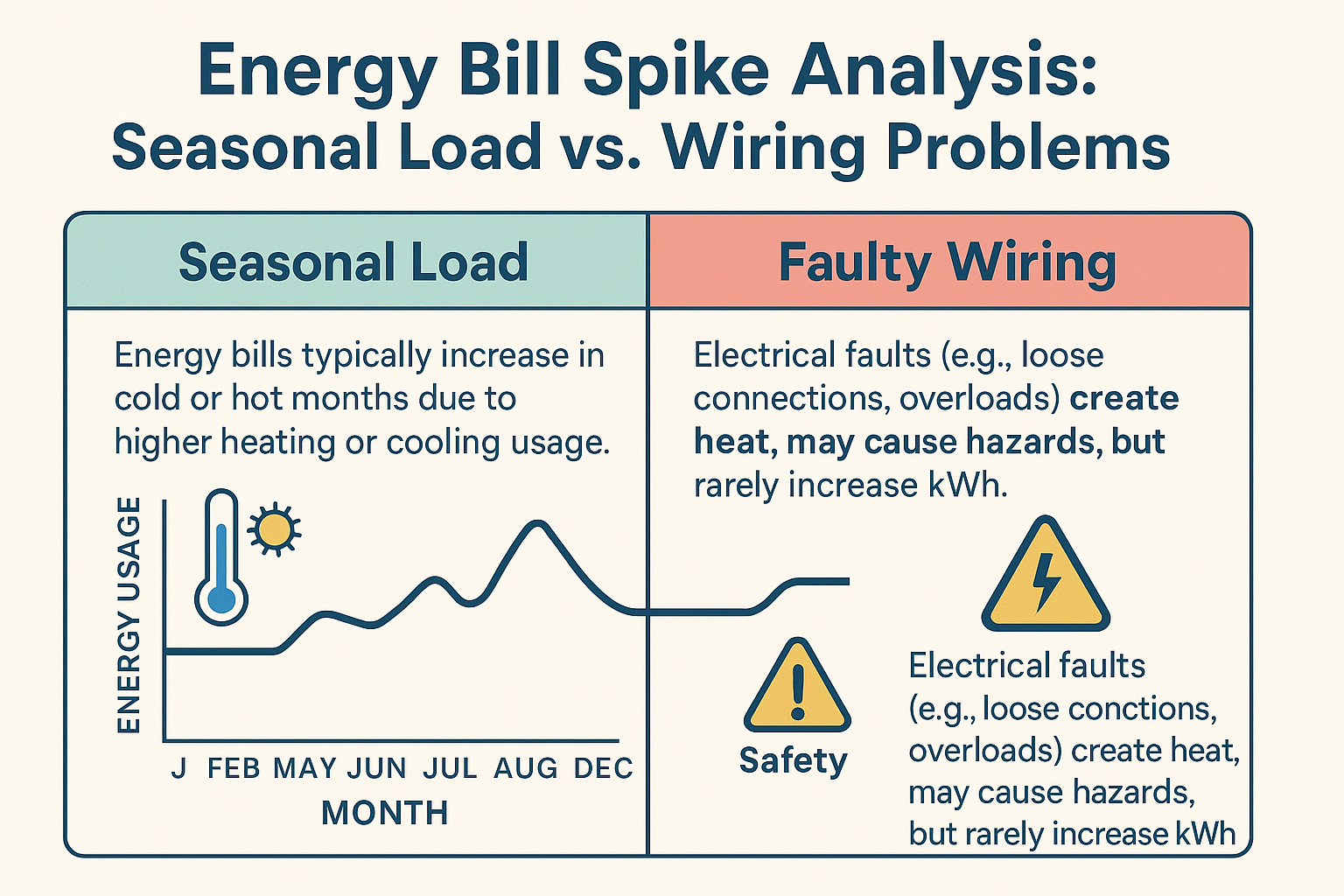 Side-by-side infographic comparing seasonal load peaks for heating/cooling with the minimal impact of faulty wiring on kWh usage, highlighting safety hazards. Infographic split in two: left side titled “Seasonal Load” shows a temperature icon, line graph peaking in summer and winter, labeling that heating and cooling drive kWh usage; right side titled “Faulty Wiring” shows a warning triangle, text stating electrical faults create heat hazards but rarely increase kWh consumption.