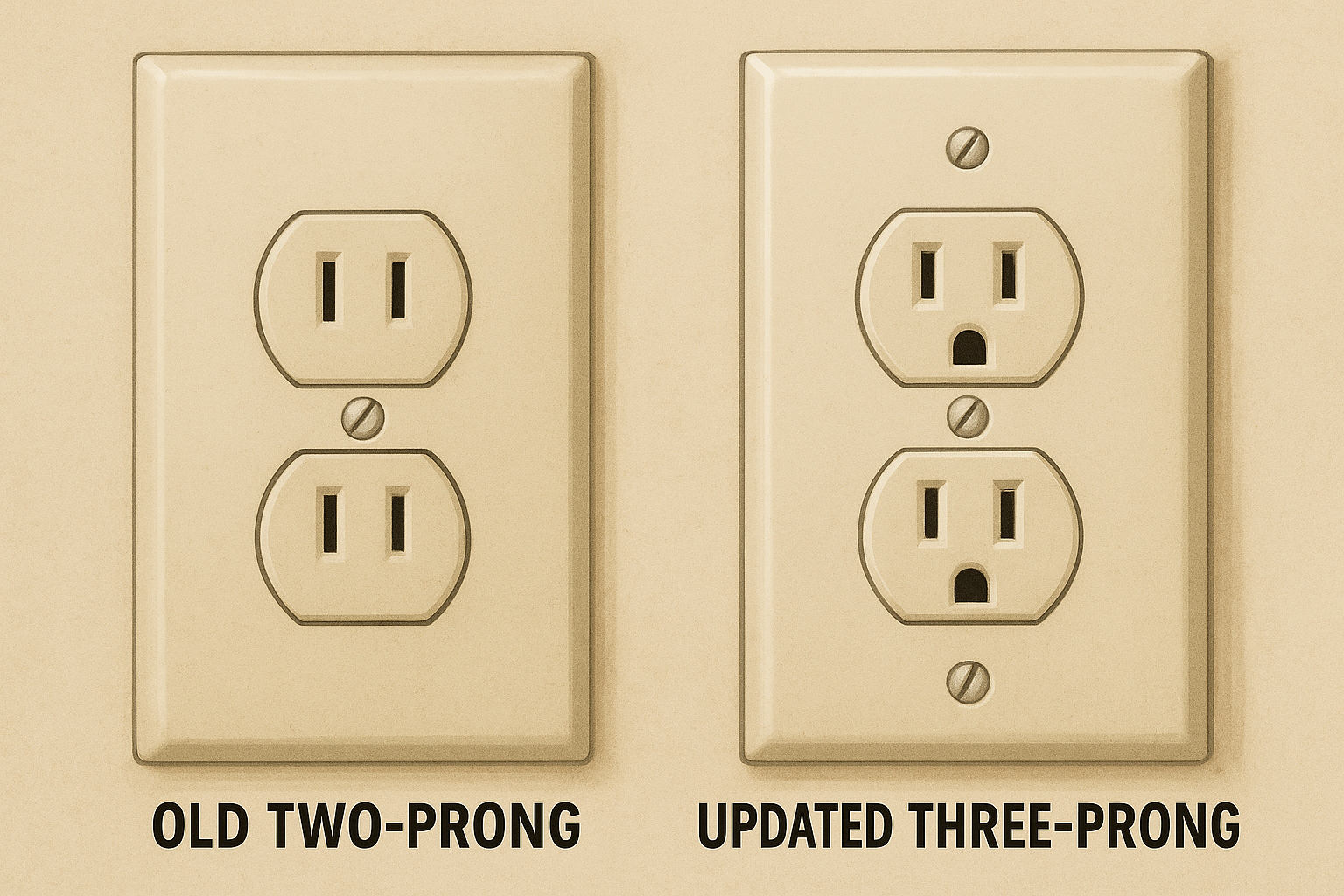 Ungrounded two-prong vs. grounded three-prong outlets Side-by-side comparison of an old two-prong wall outlet and a modern three-prong grounded outlet.