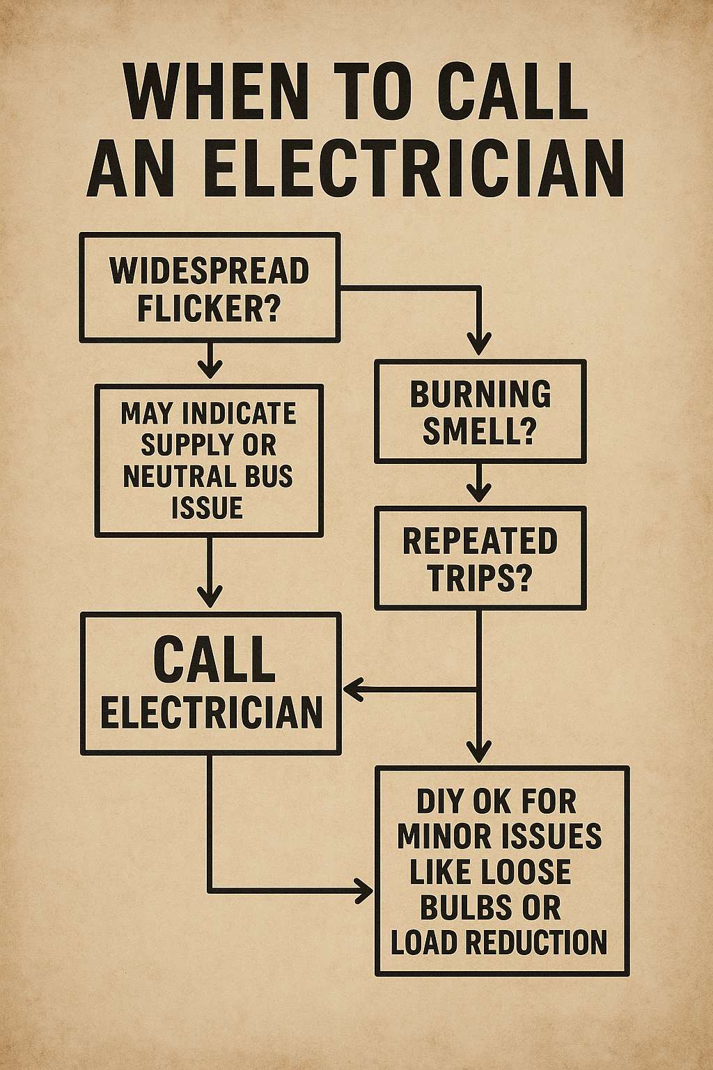  “Flowchart on textured beige background showing: ‘Widespread flicker?’ leads to ‘May indicate supply or neutral bus issue’ then ‘Call electrician.’ ‘Burning smell?’ and ‘Repeated trips?’ also lead to ‘Call electrician.’ Finally, ‘DIY OK for minor issues like loose bulbs or load reduction.’”