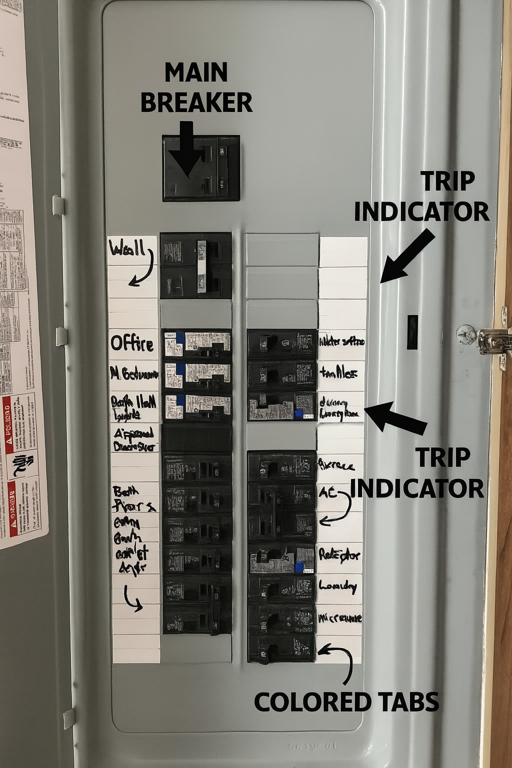“Annotated residential breaker panel showing the main breaker, trip indicators, and colored labeling tabs for each circuit.” Alt Text: “Labeled diagram of a breaker panel showing main breaker, branch breakers, trip indicator, and colored tabs.”
