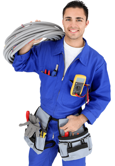 a man in a blue uniform is holding a coil of wires