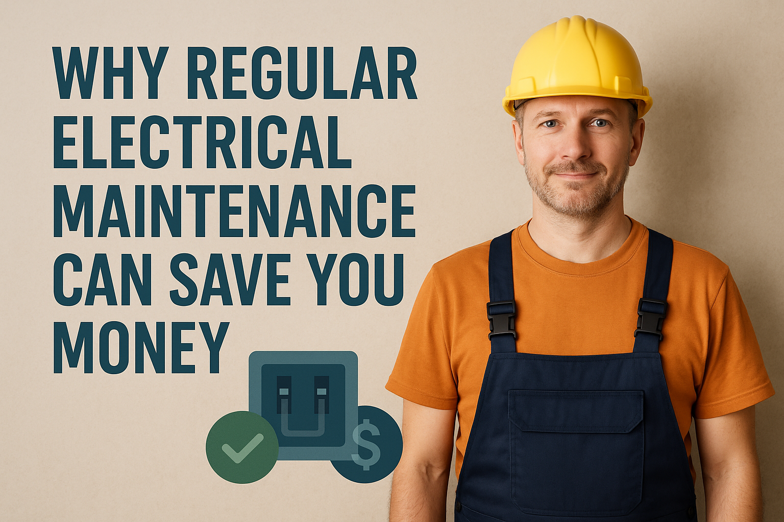Electrician in yellow hard hat and orange shirt beside icons of an electrical panel, check mark.