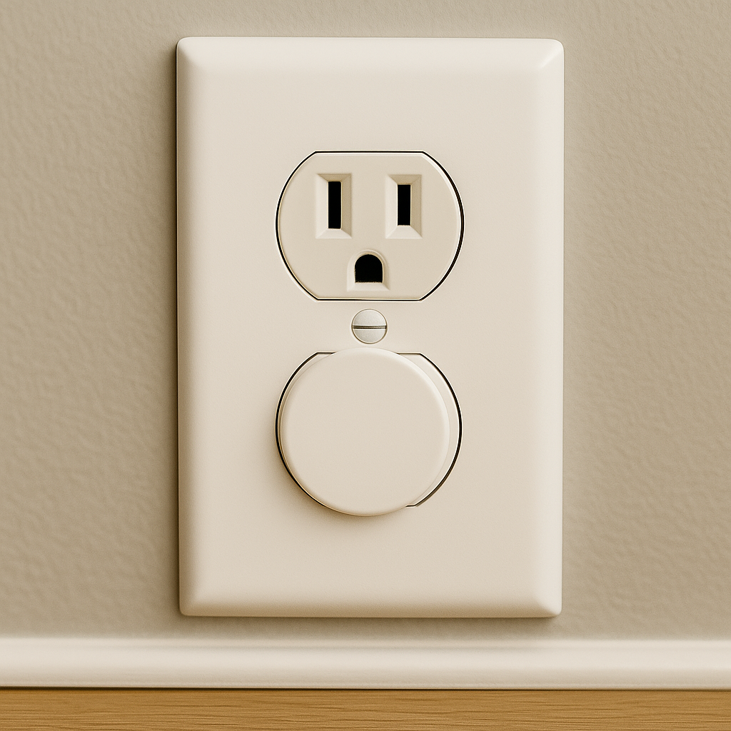Wall outlet with white childproof plug in top socket, set against beige wall above a hardwood floor.
