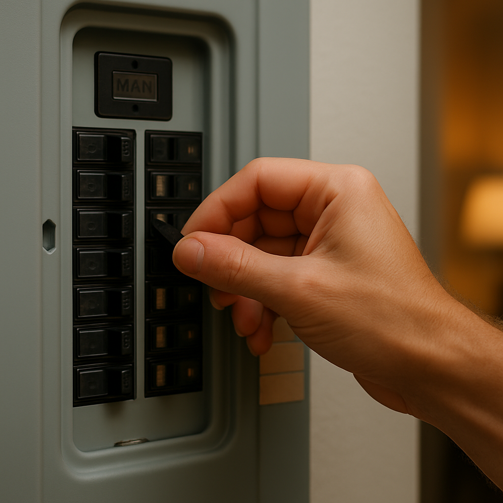 A person’s hand switching a tripped breaker back on in a residential electrical panel.