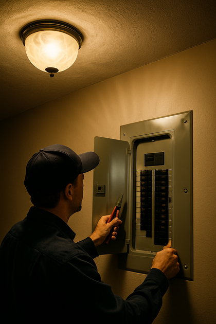 Electrician inspecting a breaker panel under a glowing ceiling light in a warmly lit home.