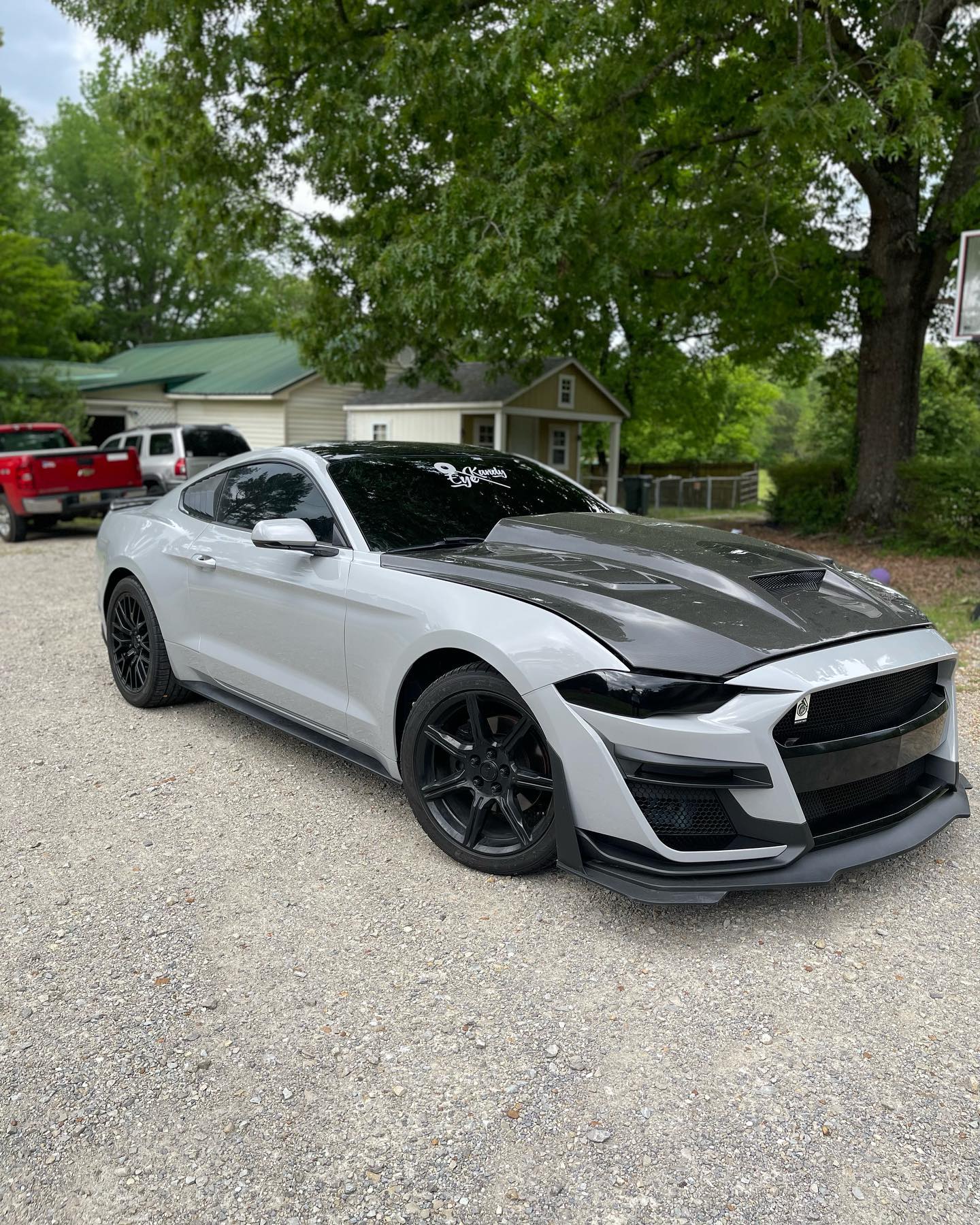 Mustang showcasing a custom light chalk grey wrap featuring tinted windows and a glossy finish.