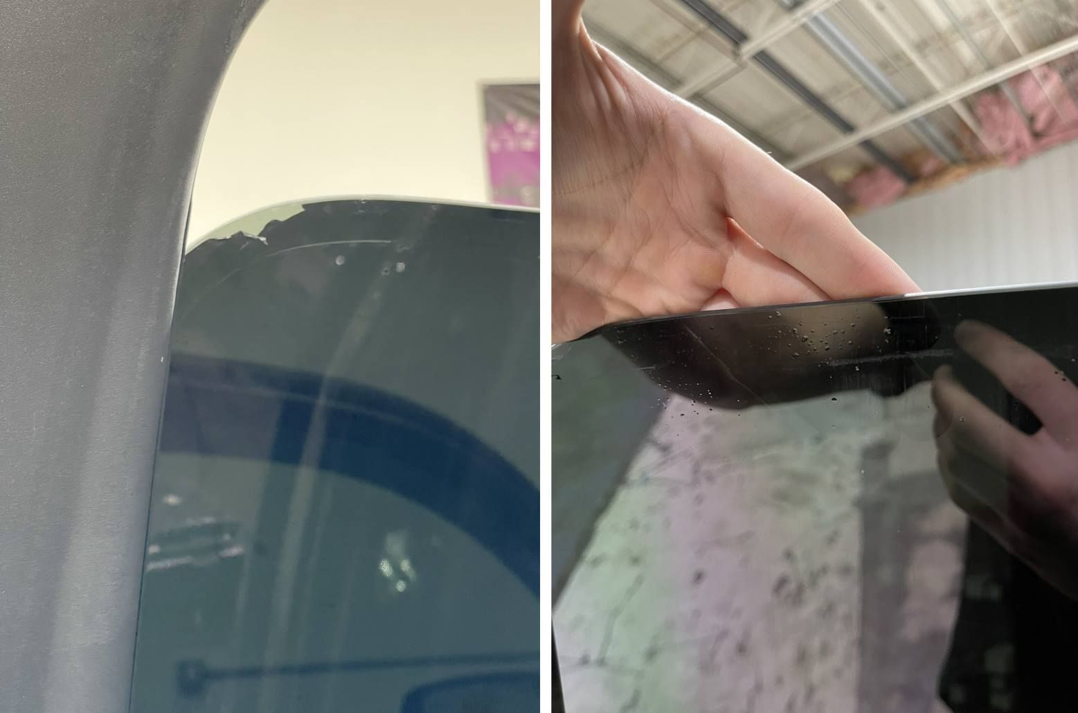 Two images side by side: the first shows a car window with the tint peeling off, and the second shows a window tint with visible air bubbles trapped underneath.