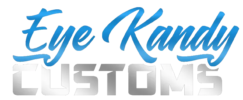 a blue and silver logo for eye kandy customs