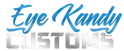 a blue and silver logo for eye kandy customs