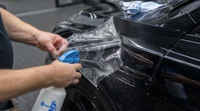 Technician smoothing Paint Protection Film (PPF) onto a car