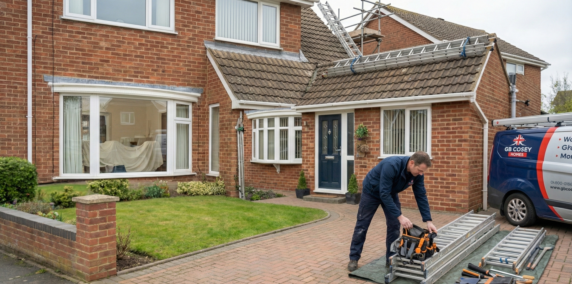 Tradesman organising tools and equipment for roof repair