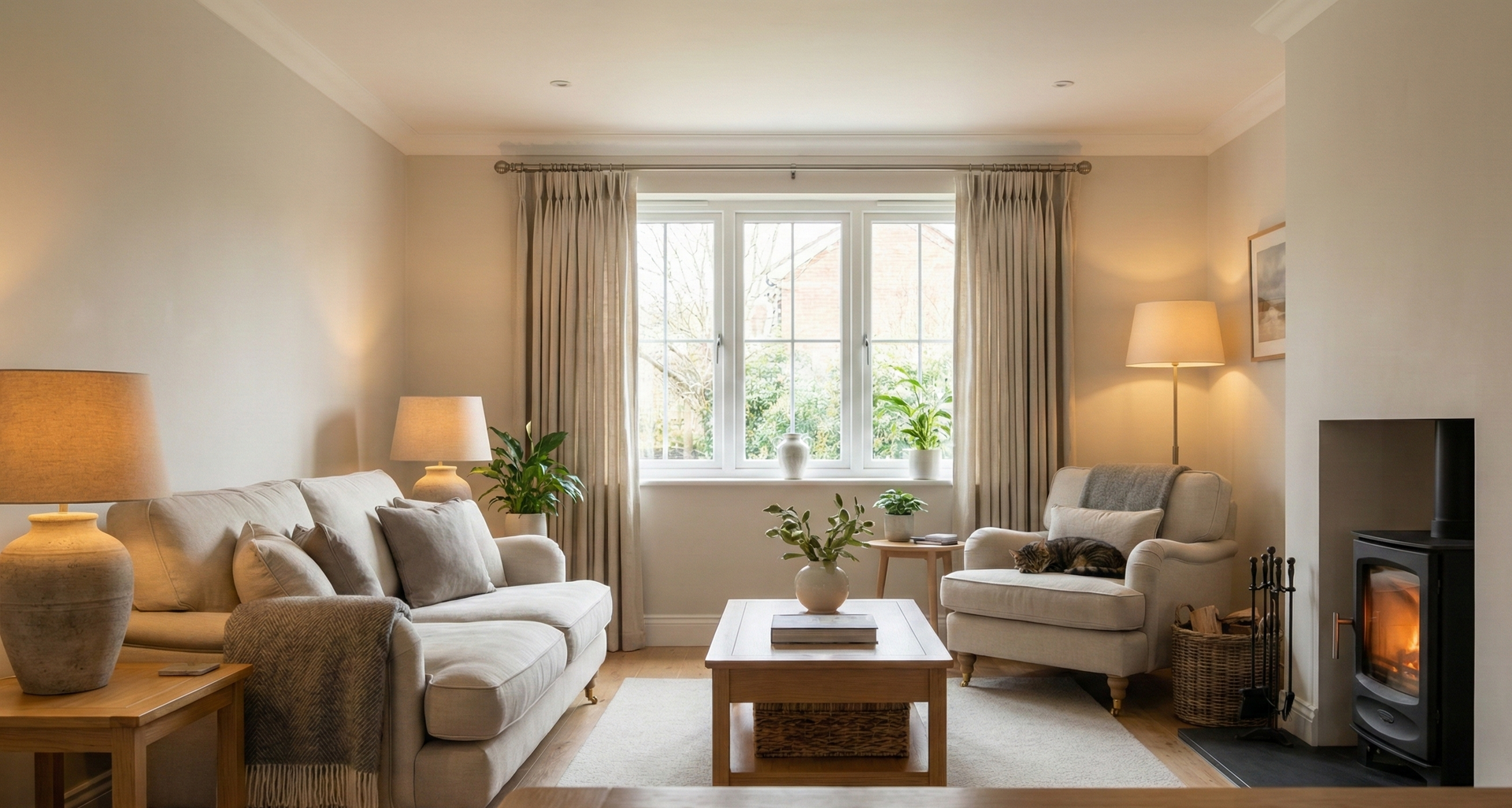 Warm and energy efficient UK living space after loft insulation.
