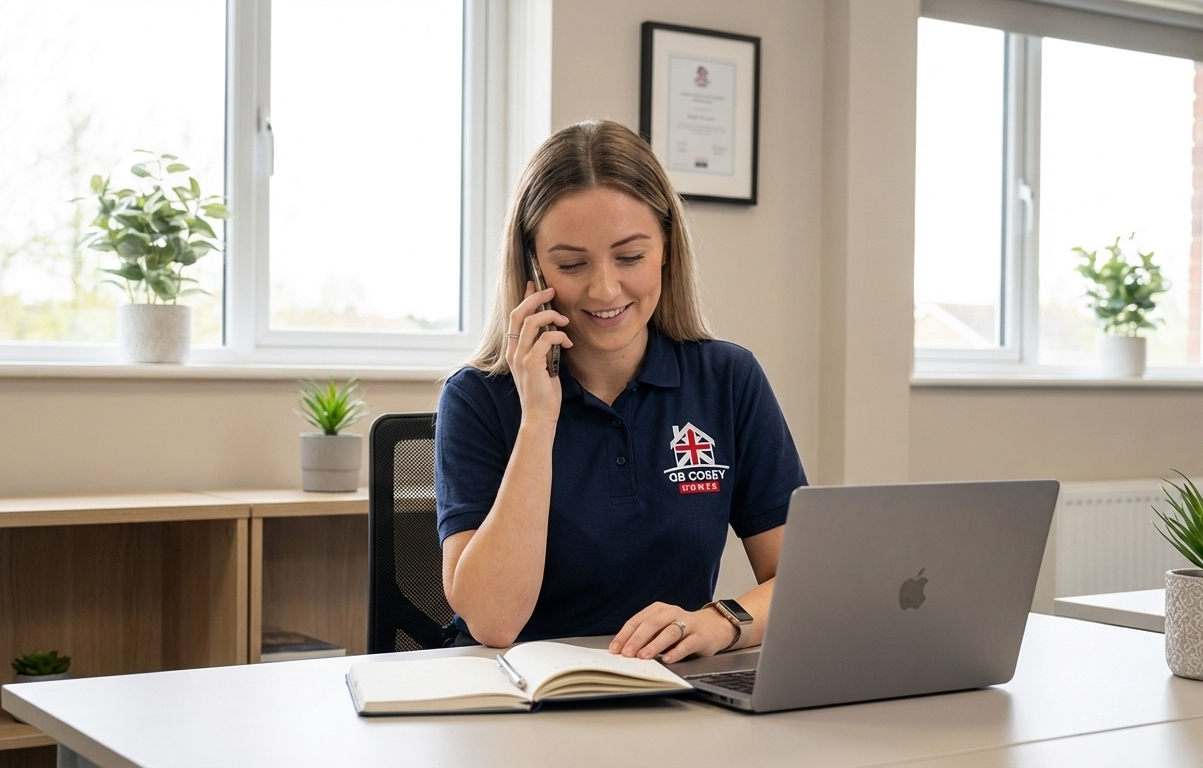 Friendly GB Cosey Homes team member speaking with a customer by phone.