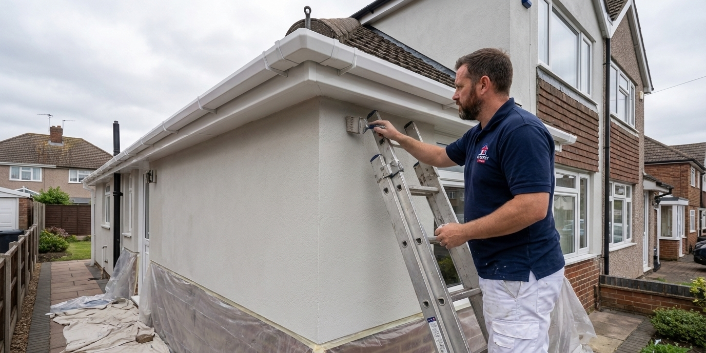 Exterior painting work protecting a UK home from weather exposure.