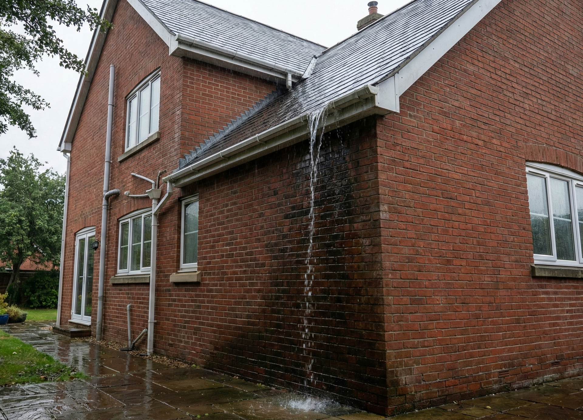UK home with overflowing gutter during heavy rain conditions.