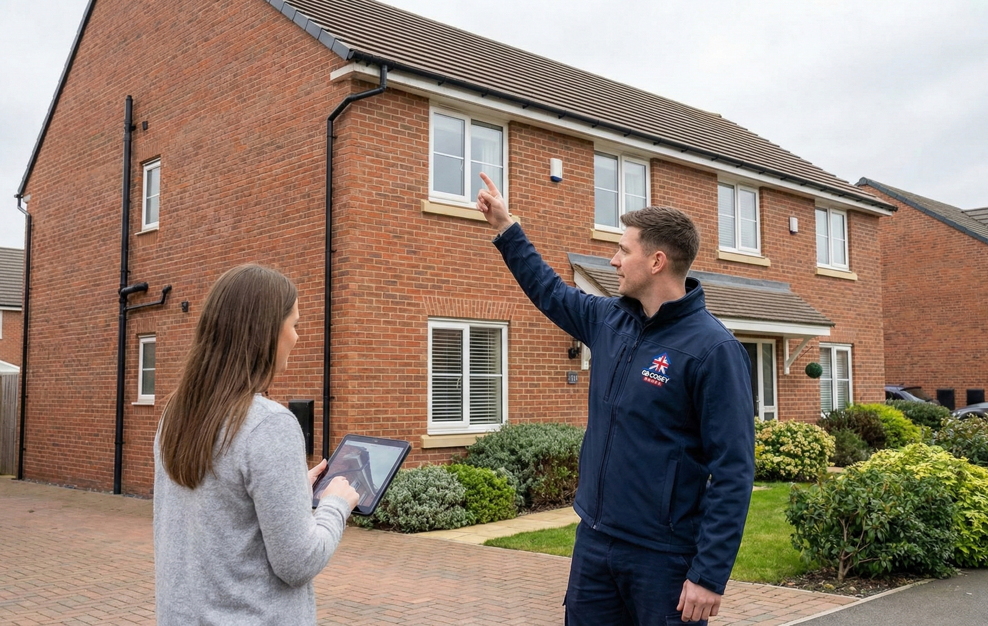 Tradesperson explaining gutter condition clearly to a homeowner.