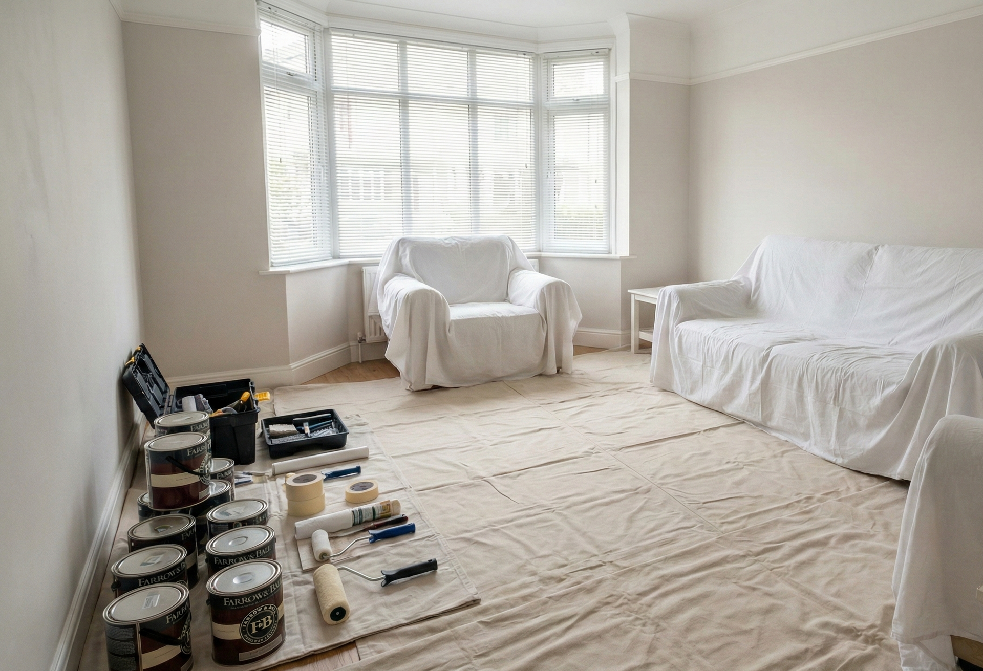 Painting work carefully prepared inside a UK home before starting.