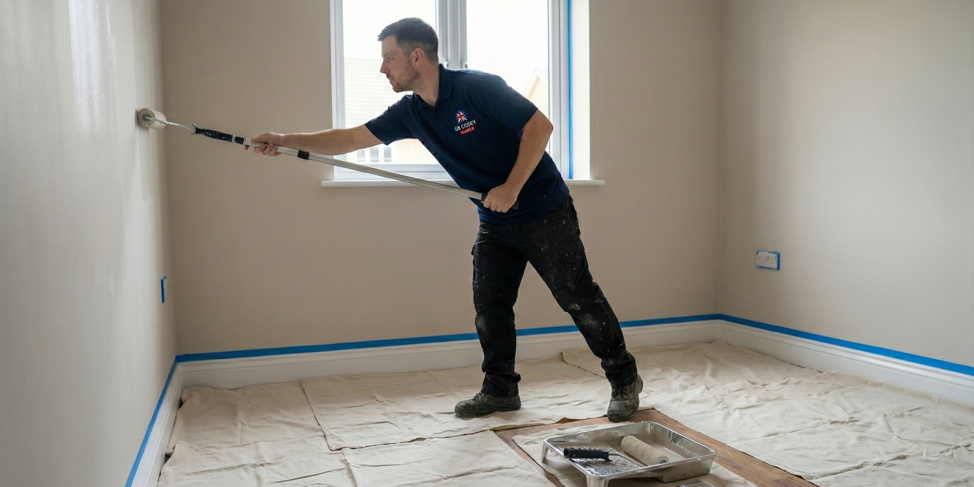 Professional interior painter applying clean, precise finishes in a UK home.