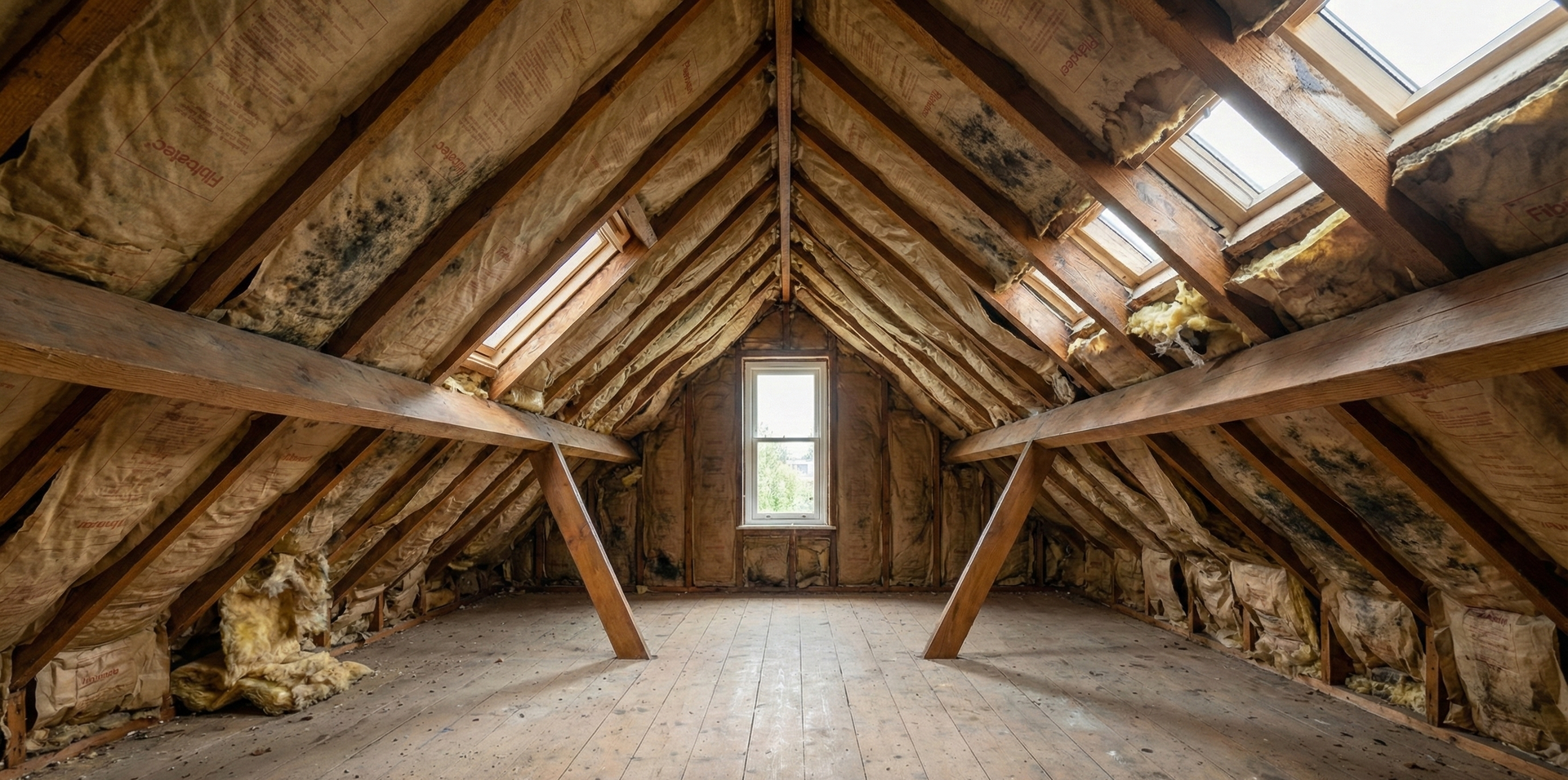 Inside of Loft space showing old insulation 