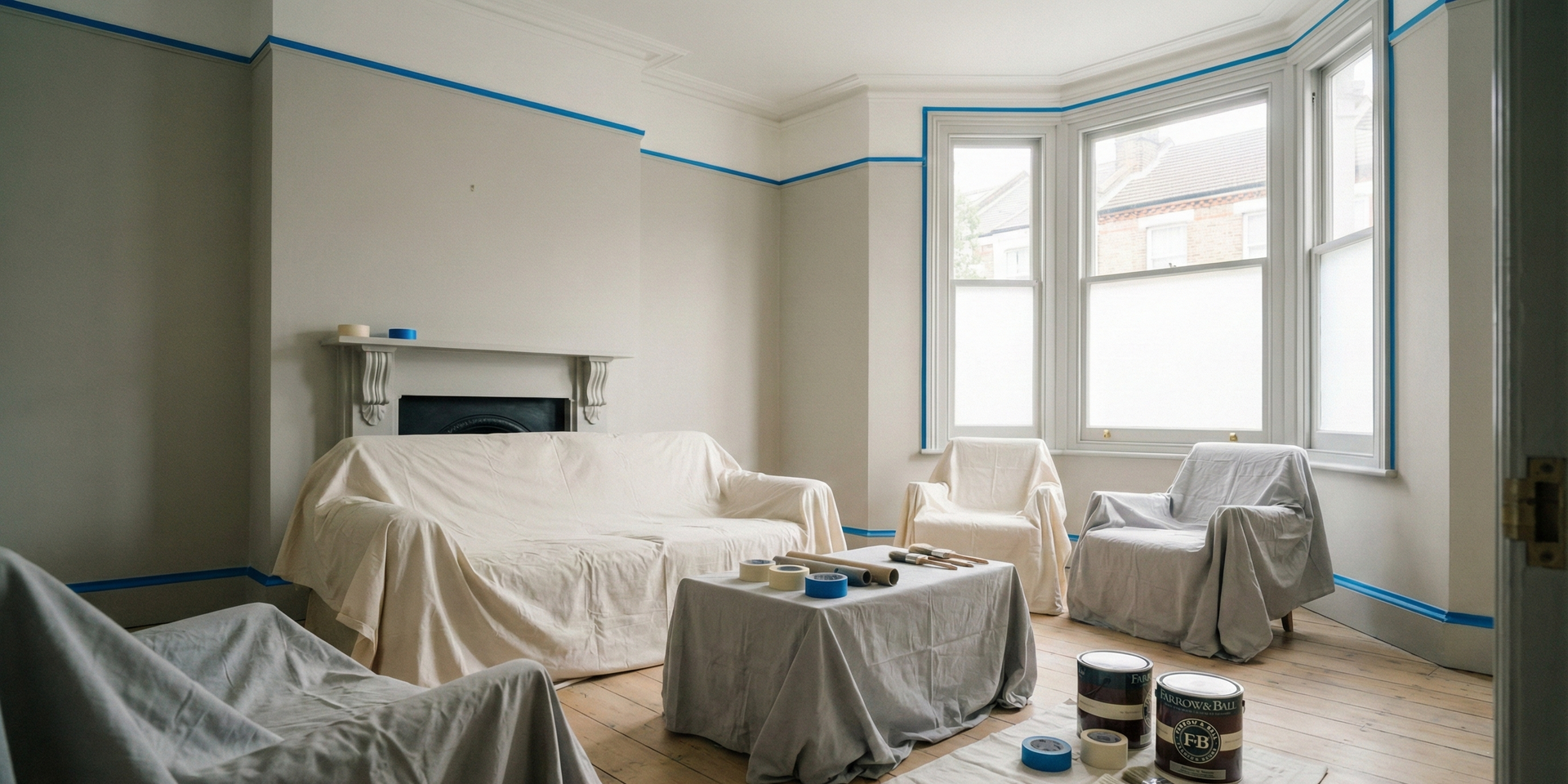 Painting work carefully prepared inside a UK home before starting.