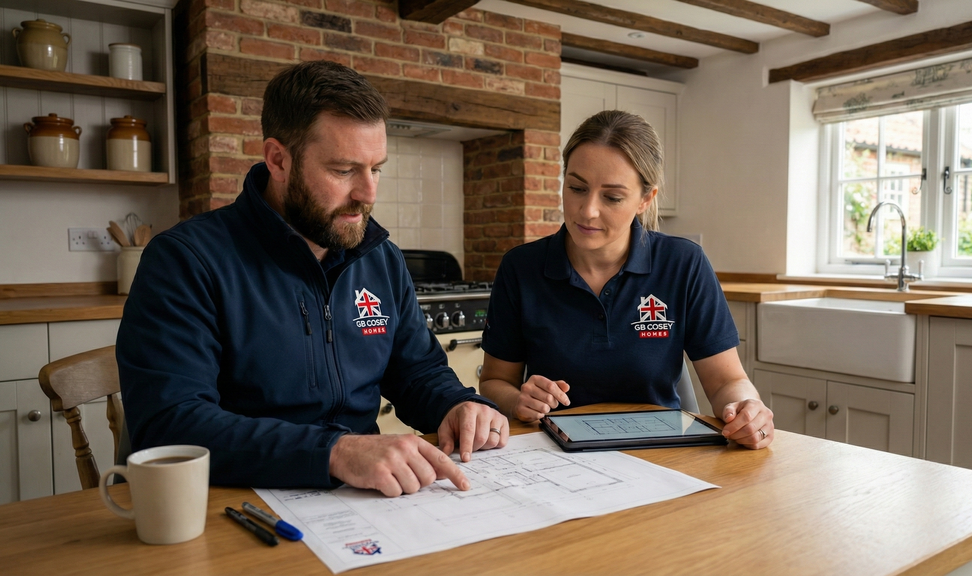 Tradespeople discussing home improvement work with care and professionalism.