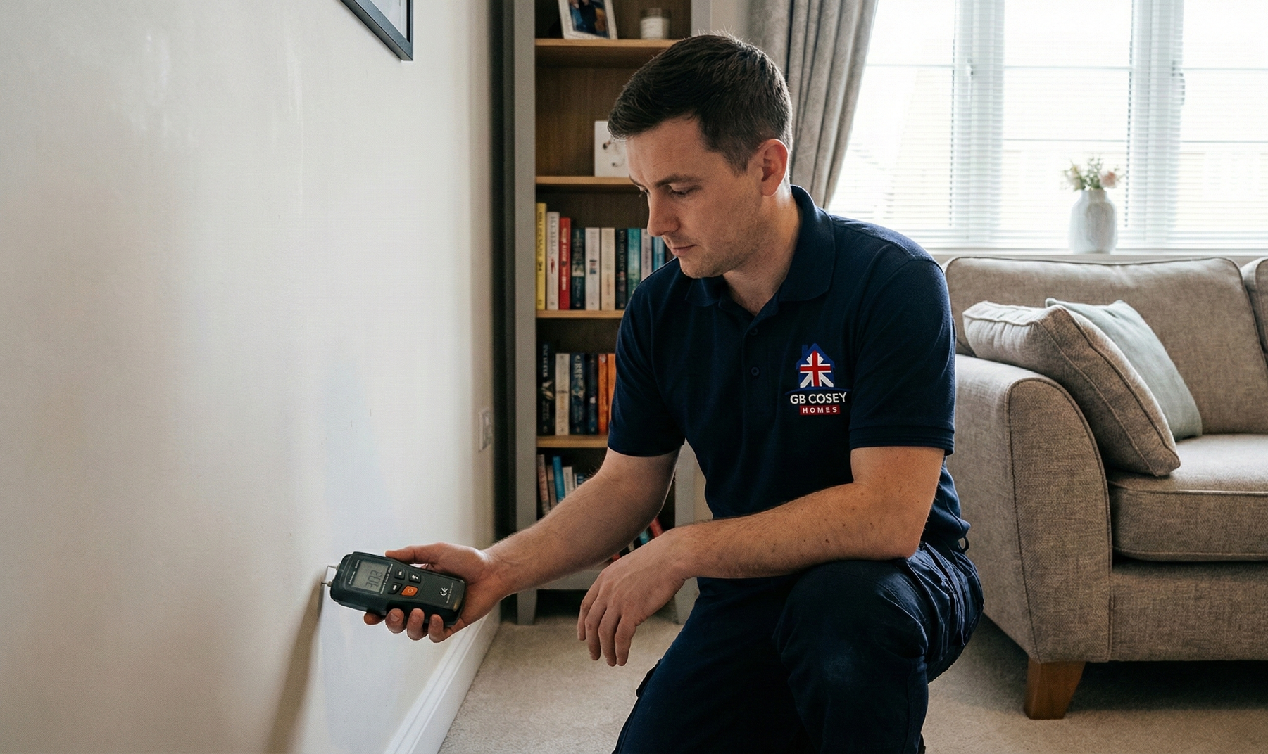 Remedial specialist diagnosing damp and structural issues in a UK home.
